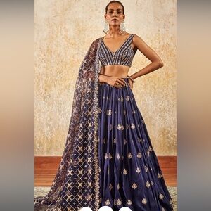 LASHKARAA Blue and gold Embroidered Lehenga Set